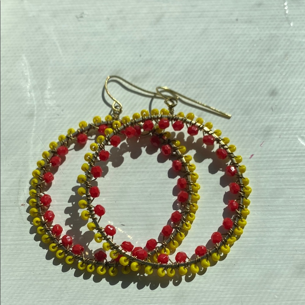Bohemian Yellow and Red Beaded Hoop Earrings